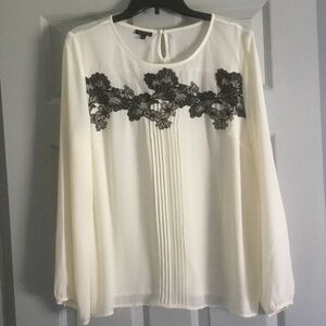 Talbots Chiffon Long-Sleeve Blouse with Black Lace Accent - Ivory